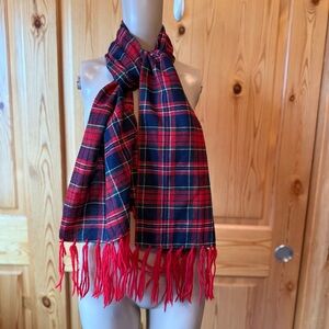 Vintage Wool Plaid Scarf Red Green Blue Fringe 56 x 5 Preppy Retro